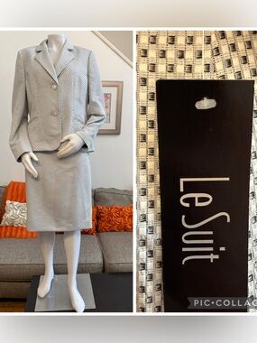 NWT Le Suit Platinum/Black/White Printed Statement Button Skirt Suit $265 MSRP